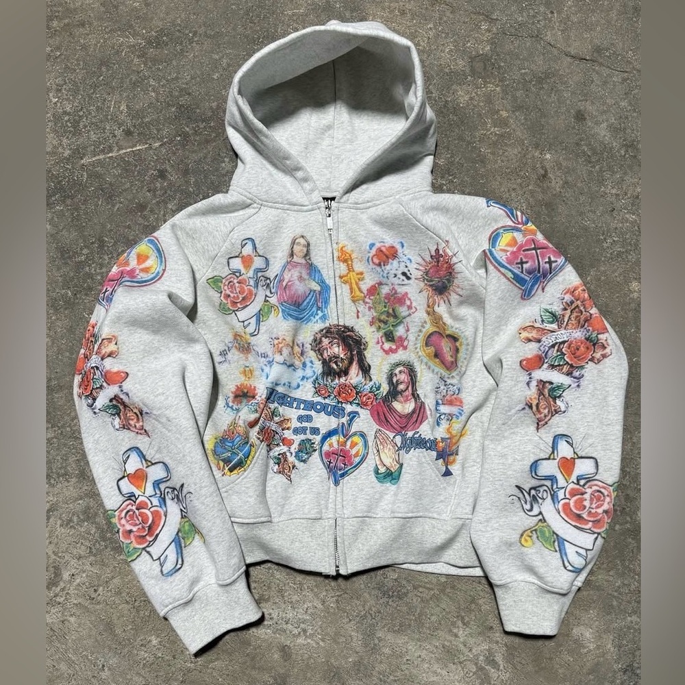 We Are Righteous -> White/Heather Gray Crop Zip Up Size Large NEW (Risen King)